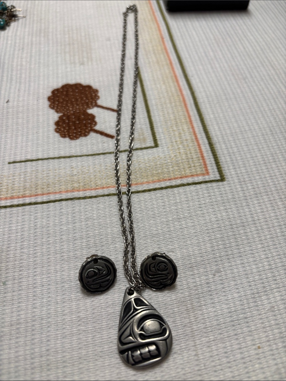 Sterling-Style Black Carved Teardrop Pendant Necklace and Earrings Set